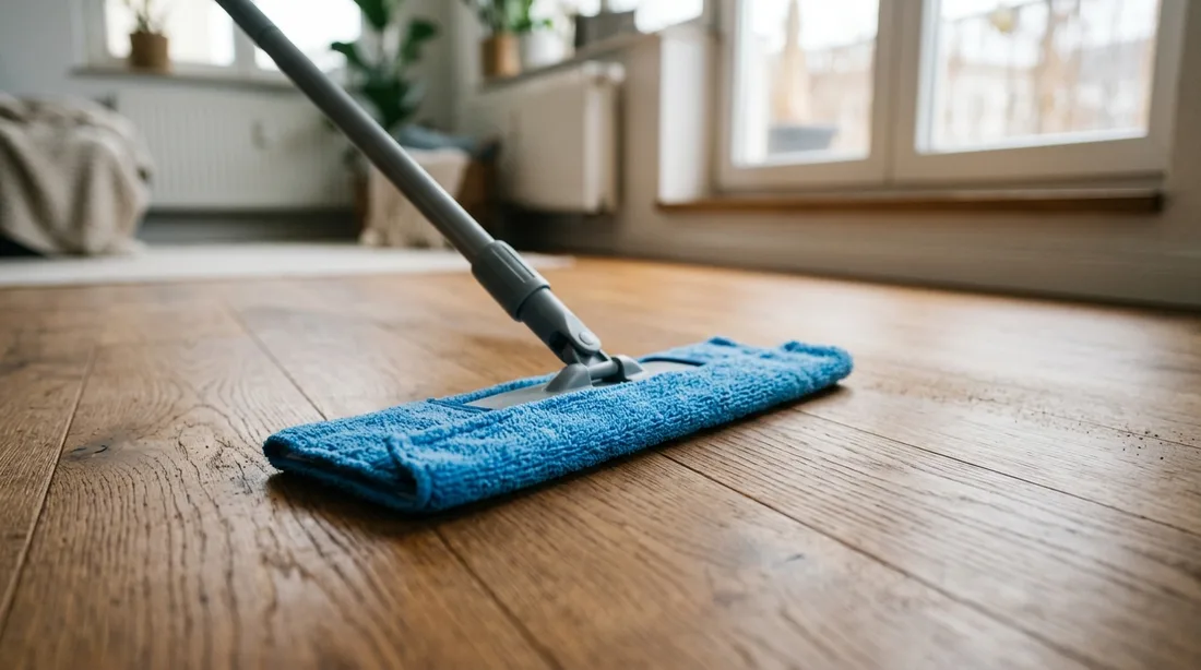 Mikrofaser-Pad auf Parkett, dahinter eine trocken-matte, nebelfeucht gewischte Bahn ohne Glanz oder stehendes Wasser
